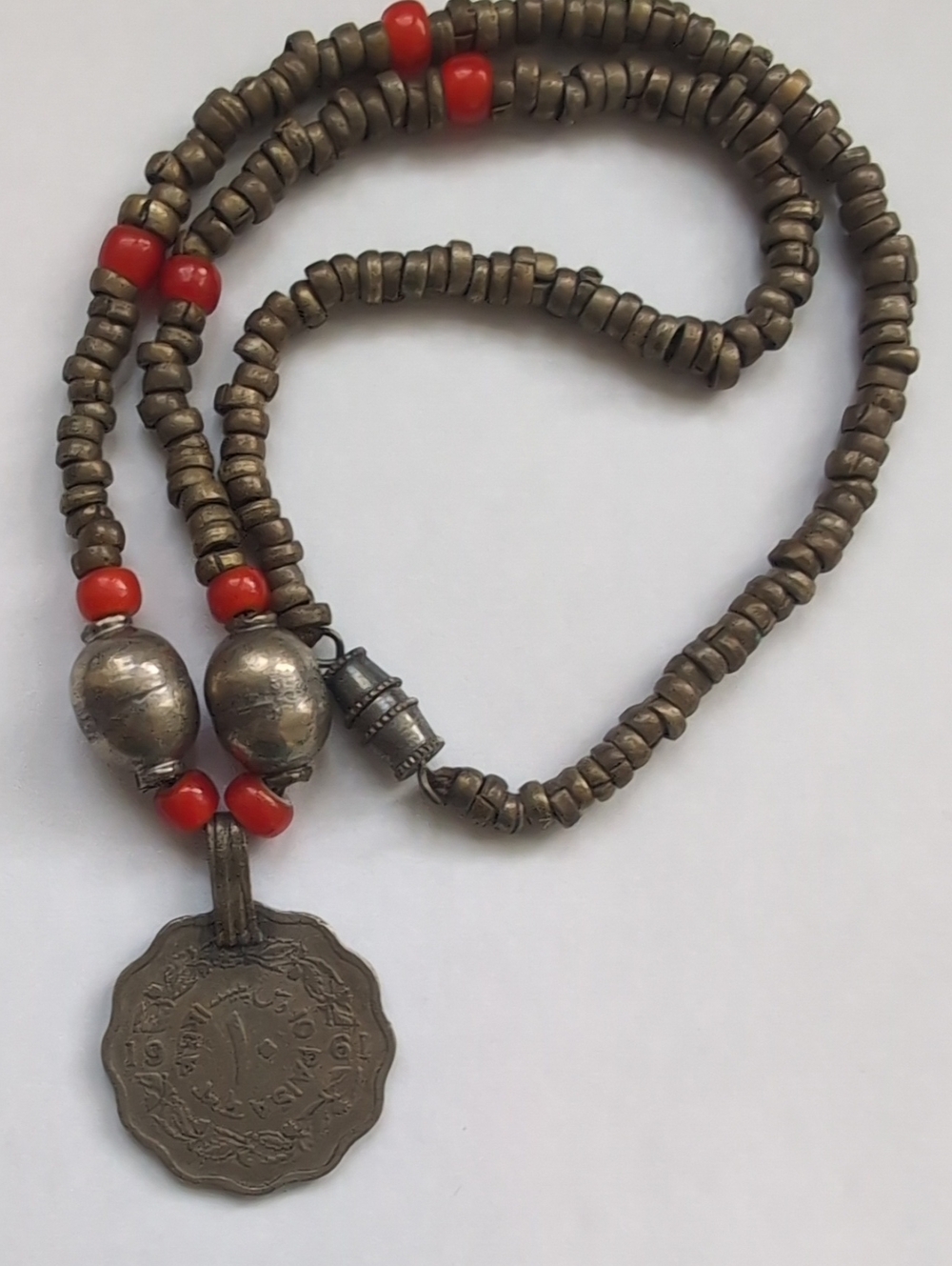 Boho Coin Pendant Necklace with Red Accents